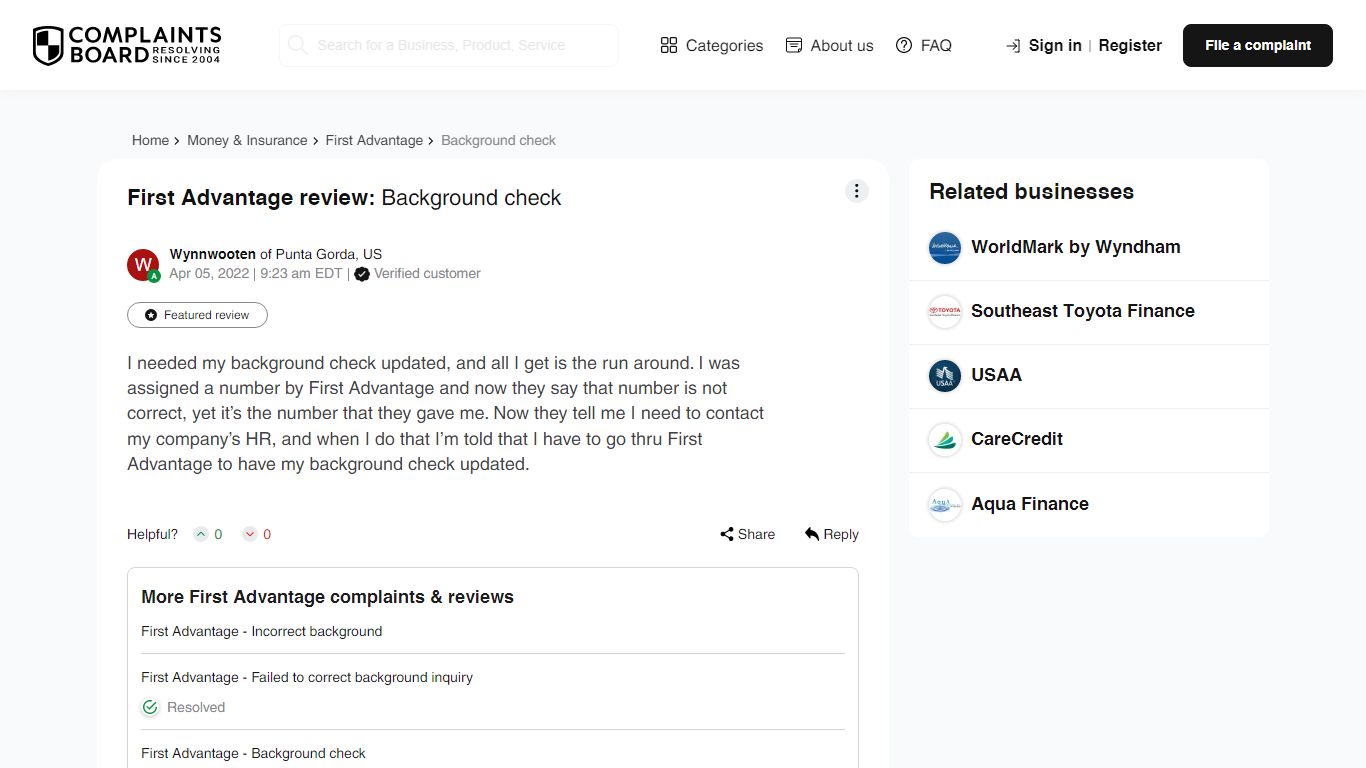 First Advantage review: Background check - Complaints Board